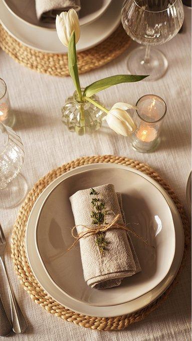 a table setting with a napkin, place setting, and a fork